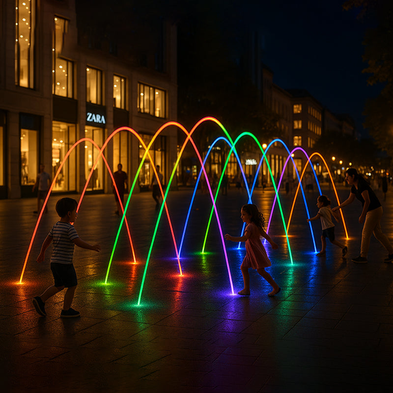 Children playing near a colorful fountain at night in an urban setting with Zara store visible. &ndash; HuiQi Fountain