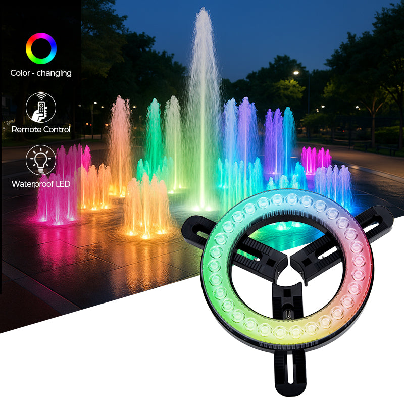 Color-changing LED light ring in front of a fountain with features listed. &ndash; HuiQi Fountain