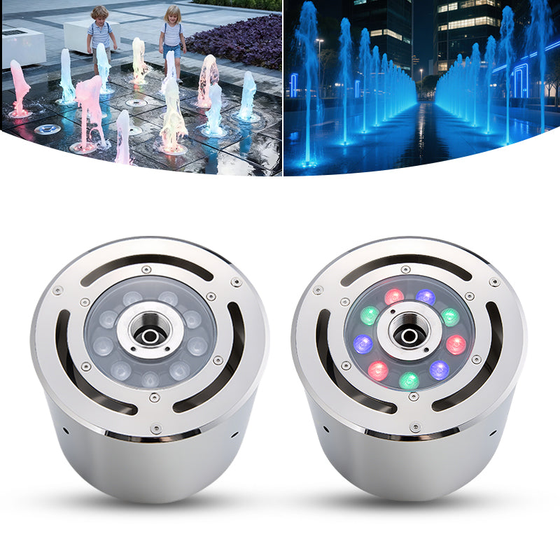 Two LED light fixtures with colorful lighting on a white background, accompanied by images of fountains. &ndash; HuiQi Fountain