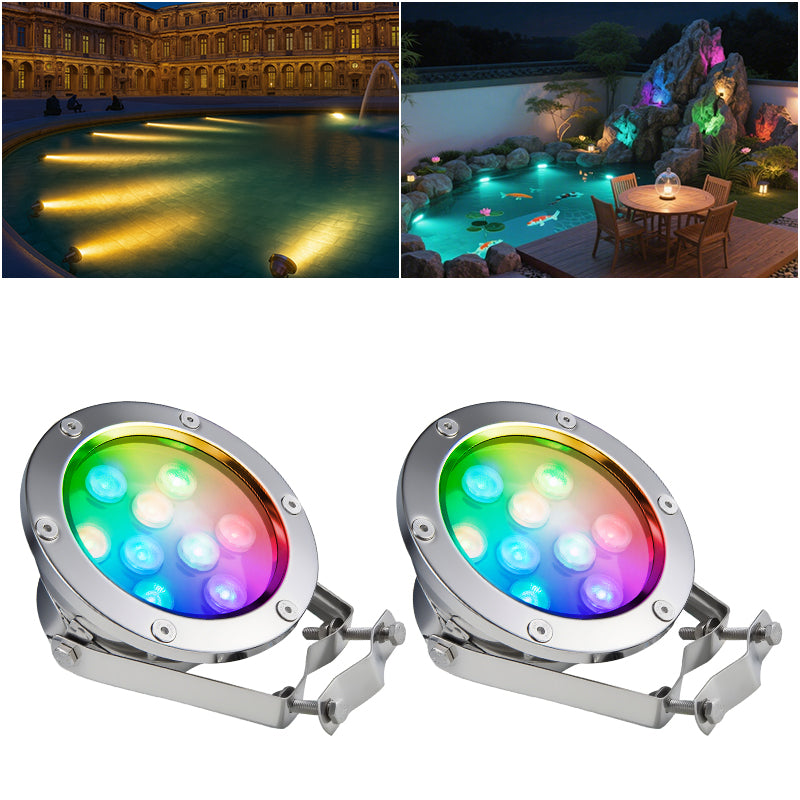 Two underwater LED lights with colorful illumination on a white background, shown with outdoor pool and garden lighting examples. &ndash; HuiQi Fountain