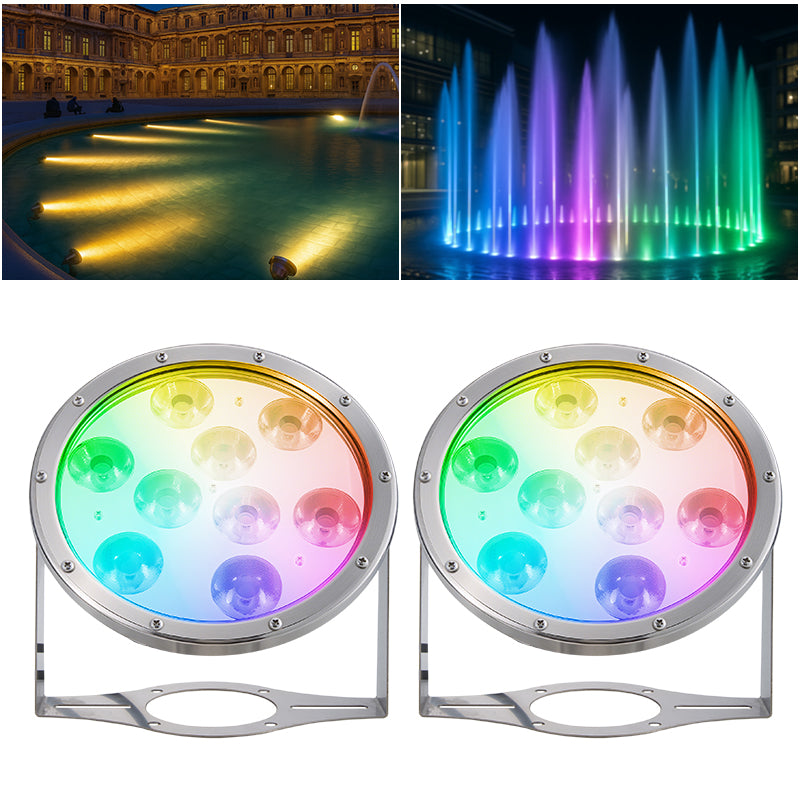 Two RGB underwater lights with fountain and building background &ndash; HuiQi Fountain
