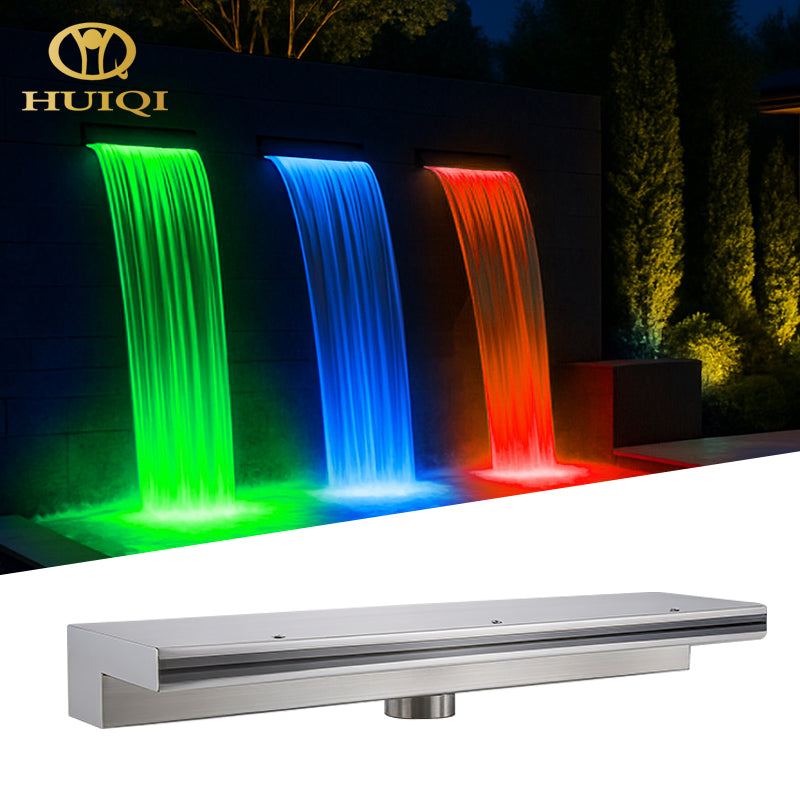 Colorful LED waterfalls with HUIQI branding on a dark background &ndash; HuiQi Fountain