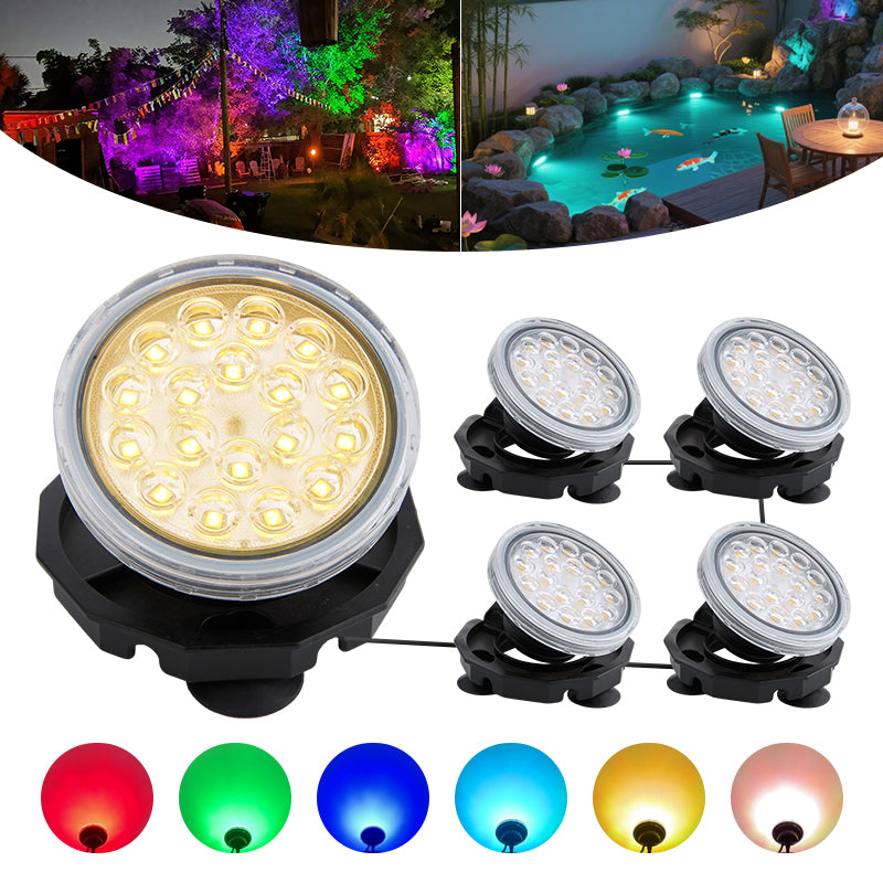 Set of LED lights with color-changing options and examples of use in outdoor settings. &ndash; HuiQi Fountain