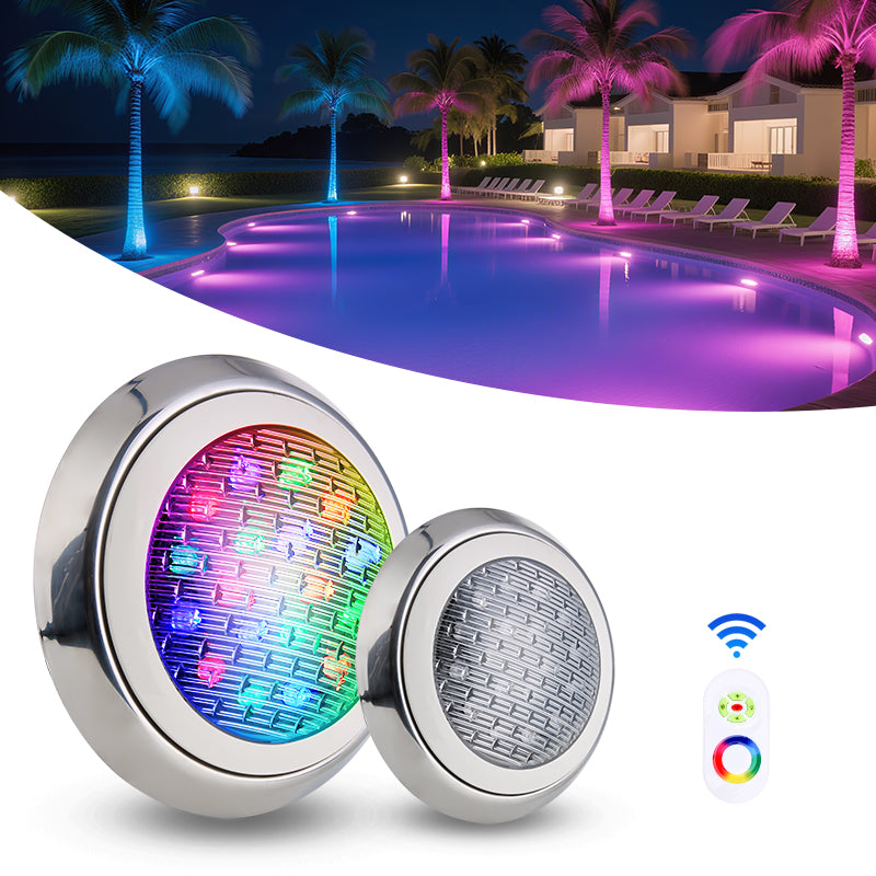 Pool light with colorful LED display and remote control, set against a night-time pool scene with palm trees. &ndash; HuiQi Fountain