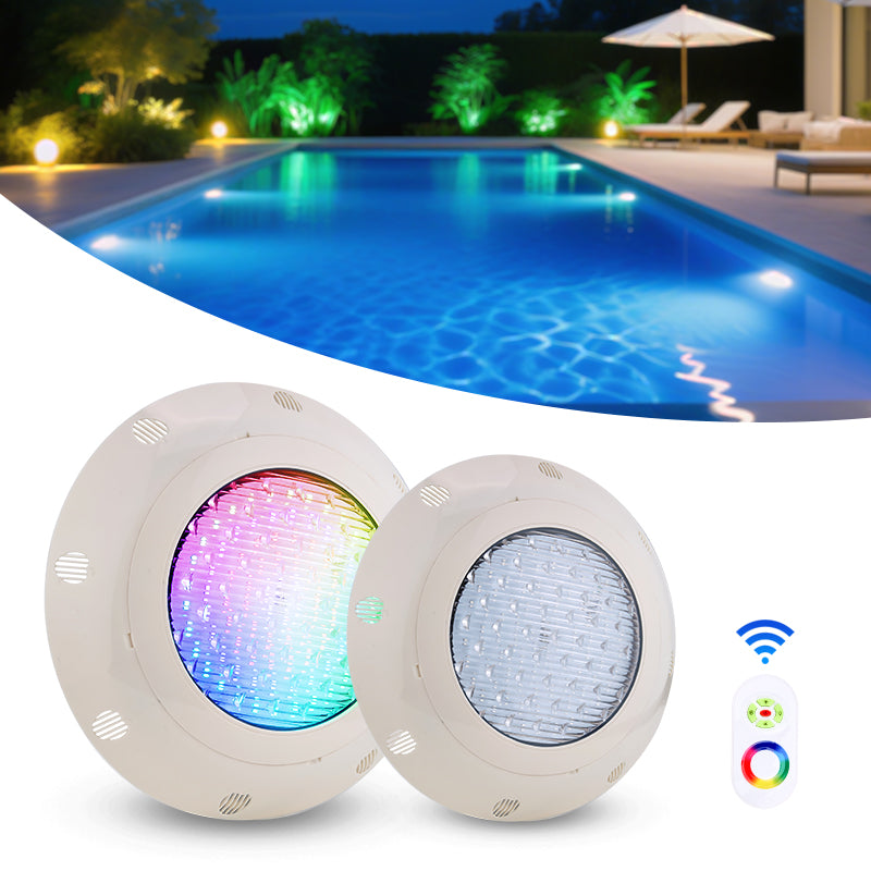 Two round pool lights with color-changing capabilities displayed in front of a pool at night. &ndash; HuiQi Fountain